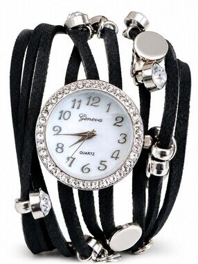 Geneva Rhinestone Wrap Bracelet Watch Black Faux Suede Multi Strand Women's